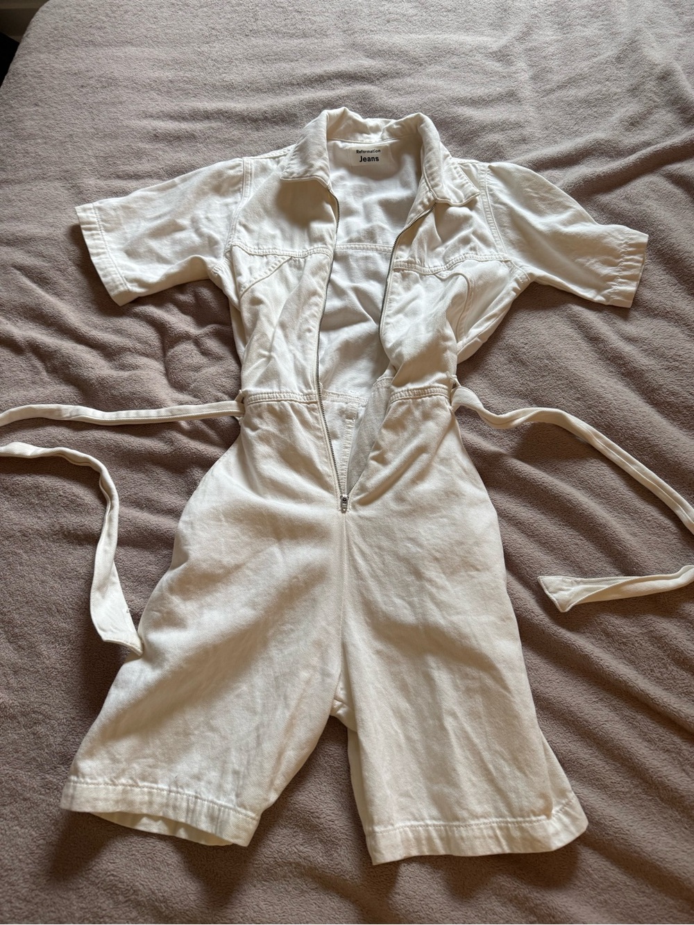 Reformation Cream Short-Sleeve Denim Romper with Waist Tie